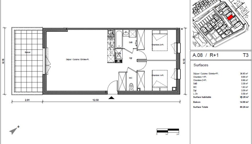 À louer : T3 lumineux avec balcon – Résidence Baglin 4 à Seilh – 1er étage – 65,28 m² – Loyer 939,44 € – Parking inclus