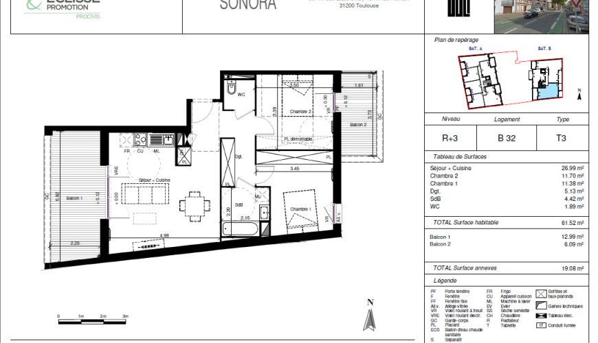 T3 Neuf avec balcon - SONORA - T3 Disponibles à tous les étages - Livraison mi-Mai - Parking en sous-sol