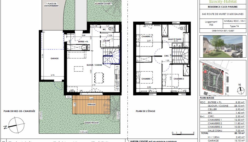 Villa T4 Duplex neuve avec terrasse et jardin – Programme Clos de Pauline – Eaunes – Garage et Parking inclus